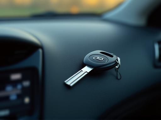 Car key on a dashboard, symbolizing access and readiness, relevant to vehicle care