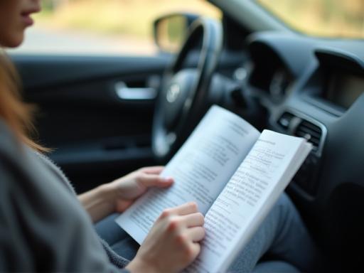 Person looking at car owner's manual, representing learning about vehicle maintenance