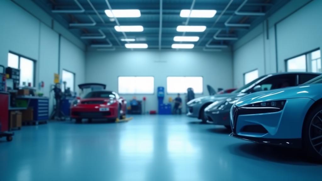 Professional automotive workshop with clean cars, background image for webinar banner